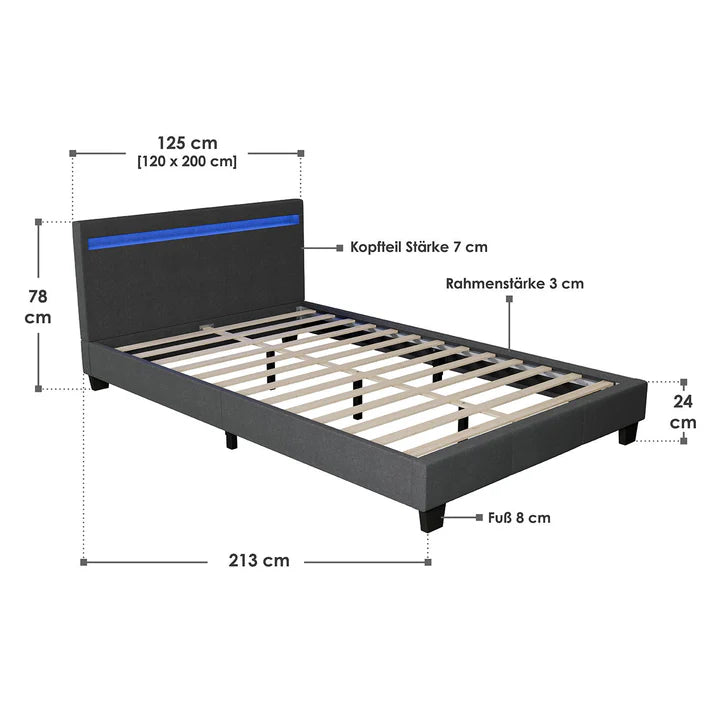 LED Polsterbett Verona 120 x 200 cm grau