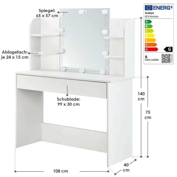 Coiffeuse Bella avec éclairage LED, miroir, tiroir et compartiments | blanc