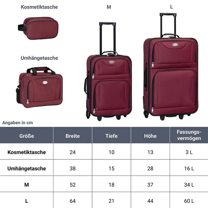 Set valigie trolley Athen - Bordeaux Set da 5 pezzi con 2 trolley, borse a tracolla e 2 beauty case