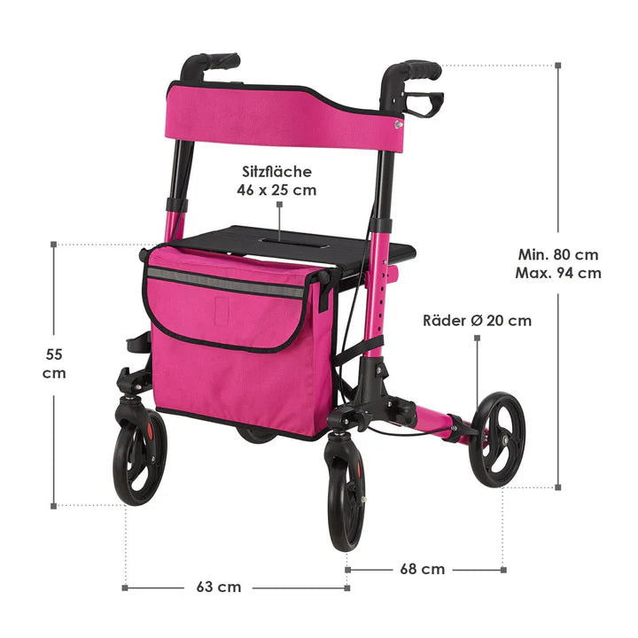 Déambulateur en aluminium Vital pliable avec siège et sac à provisions en violet