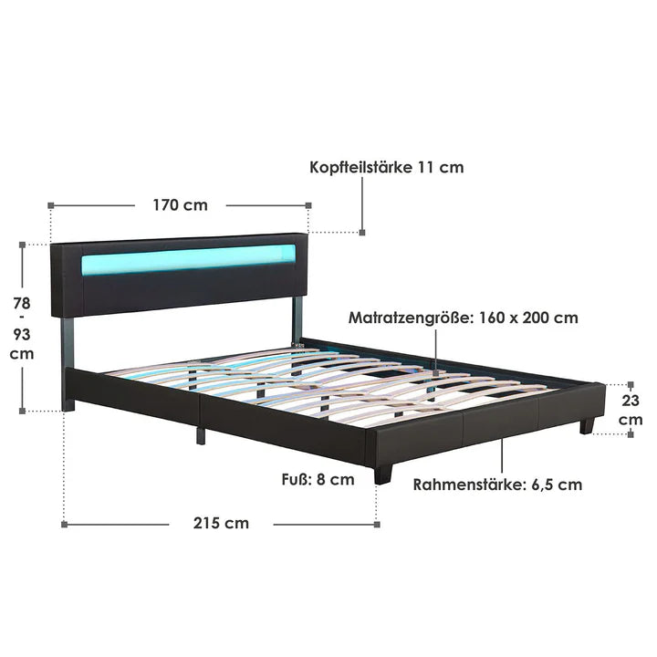 Lit capitonné LED Paris 160 x 200 cm - noir