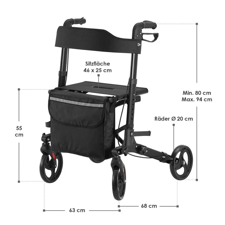Déambulateur en aluminium Vital pliable avec siège et sac à provisions en noir