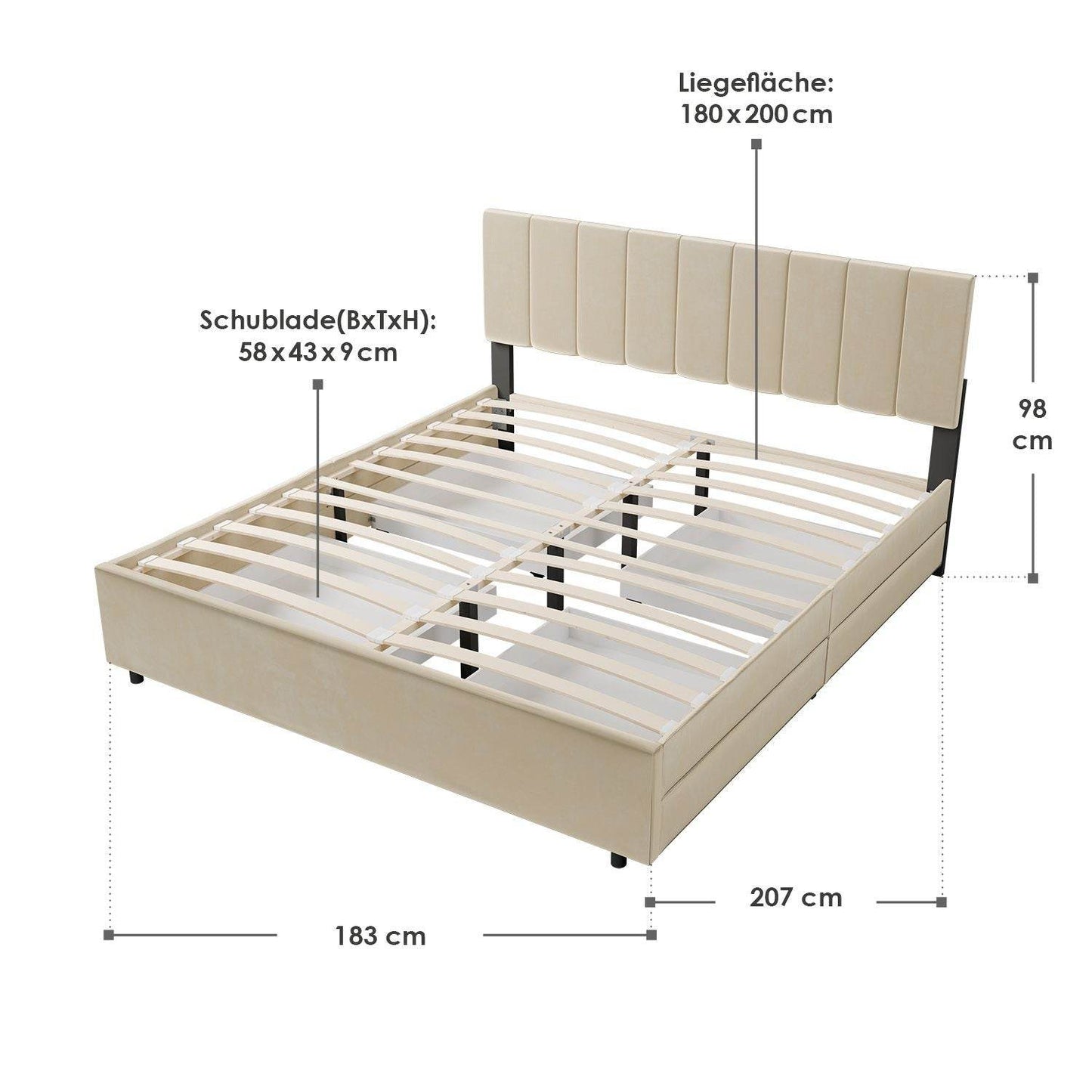 Polsterbett Soria mit Schubladen 180 x 200 Beige - Palo24