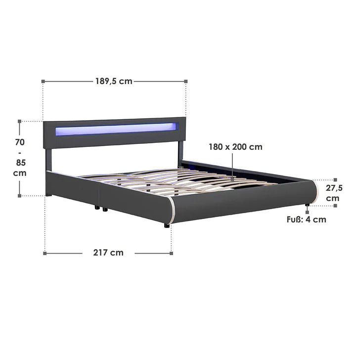 Letto imbottito Sevilla 180 x 200 cm illuminazione LED e rete a doghe grigio scuro