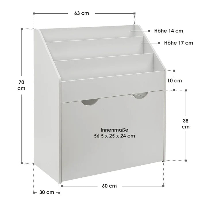 Kinder Bücherregal Weiss aus Holz 3 Fächer + 1 Kiste