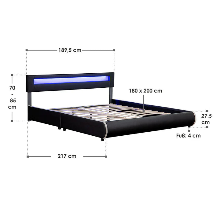 Lit rembourré LED Sevilla 180 x 200 cm sommier à lattes noir