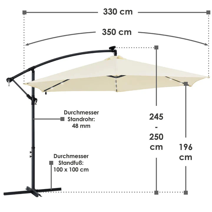 Parasol Brazil Ø 3,5m avec LED, manivelle et base gris foncé et crème