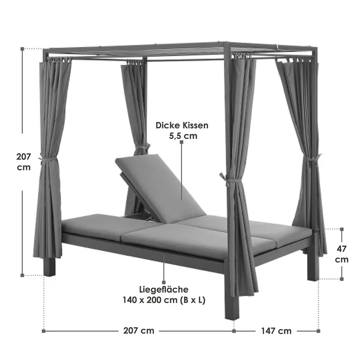 Doppel Loungebett Sonnenliege Kreta - Liege mit Dach in Grau