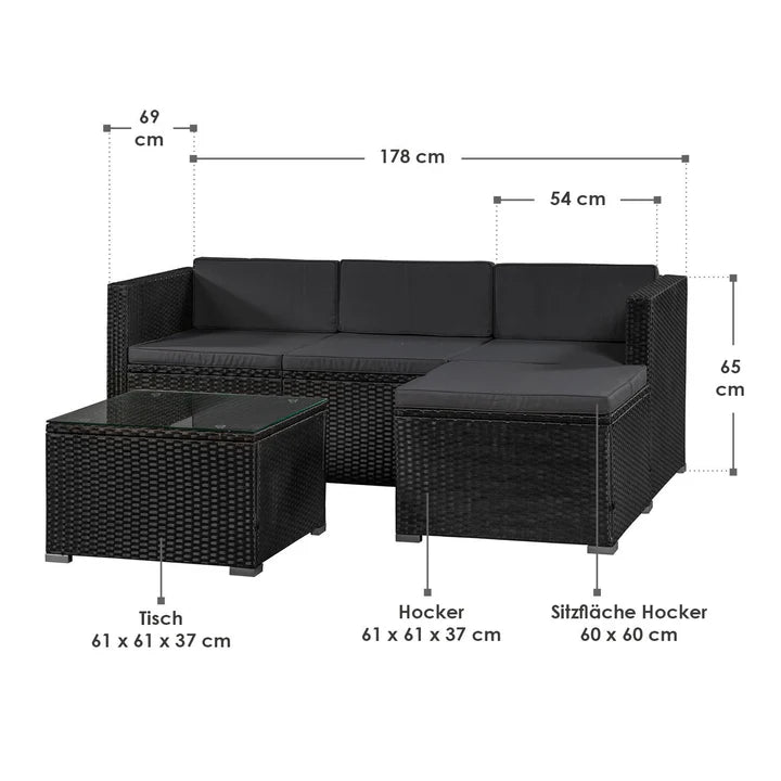 Salon en polyrotin Punta Cana M salon noir composé de 1 table, 1 canapé et 1 tabouret