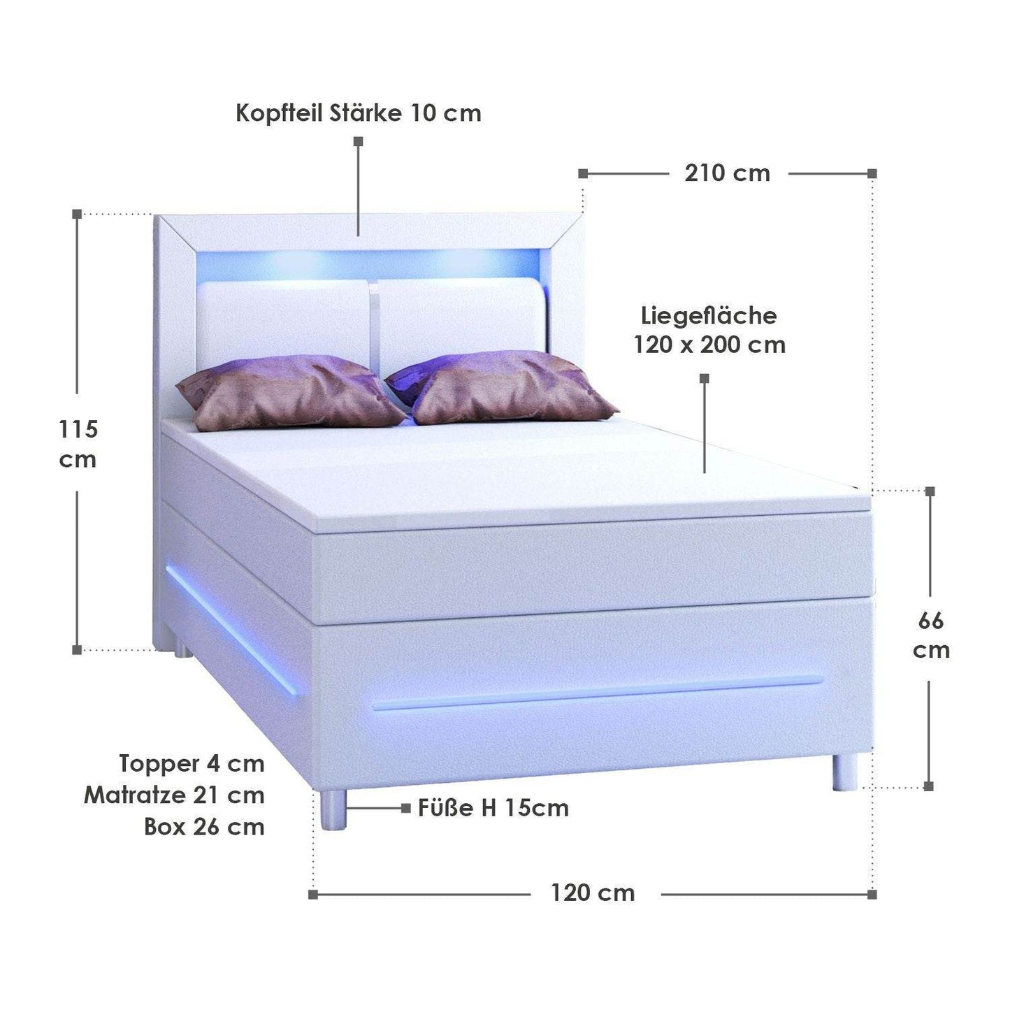 Boxspringbett Norfolk 120 x 200 cm Weiss mit LED - Palo24