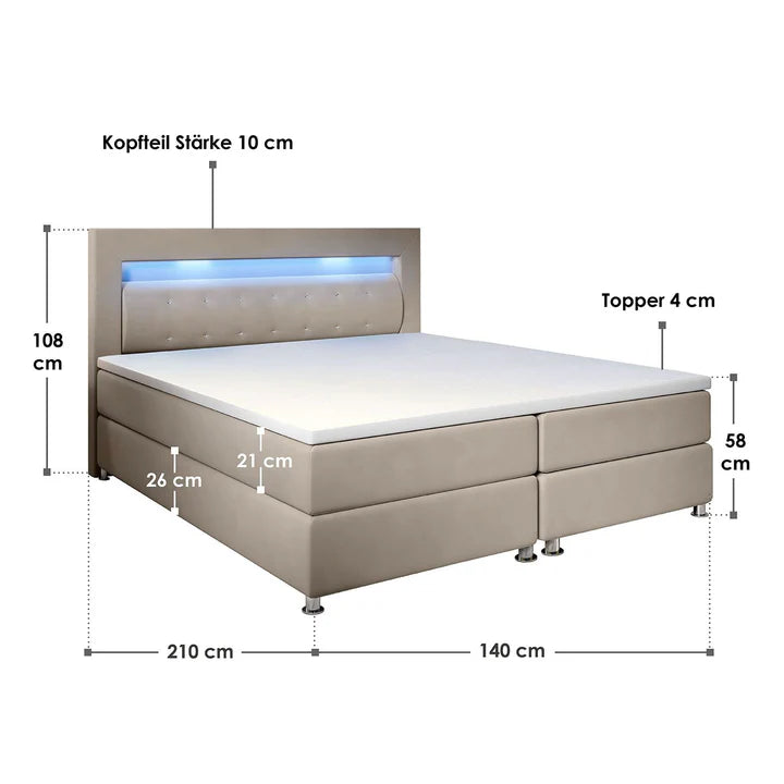 Letto boxspring LED Vancouver 140x200 cm Beige
