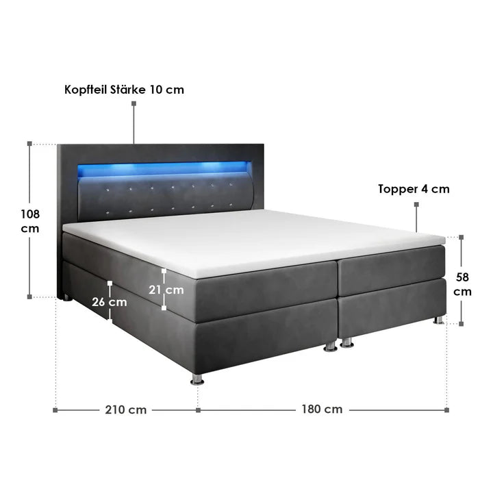 Letto boxspring LED Vancouver 180x200 cm grigio