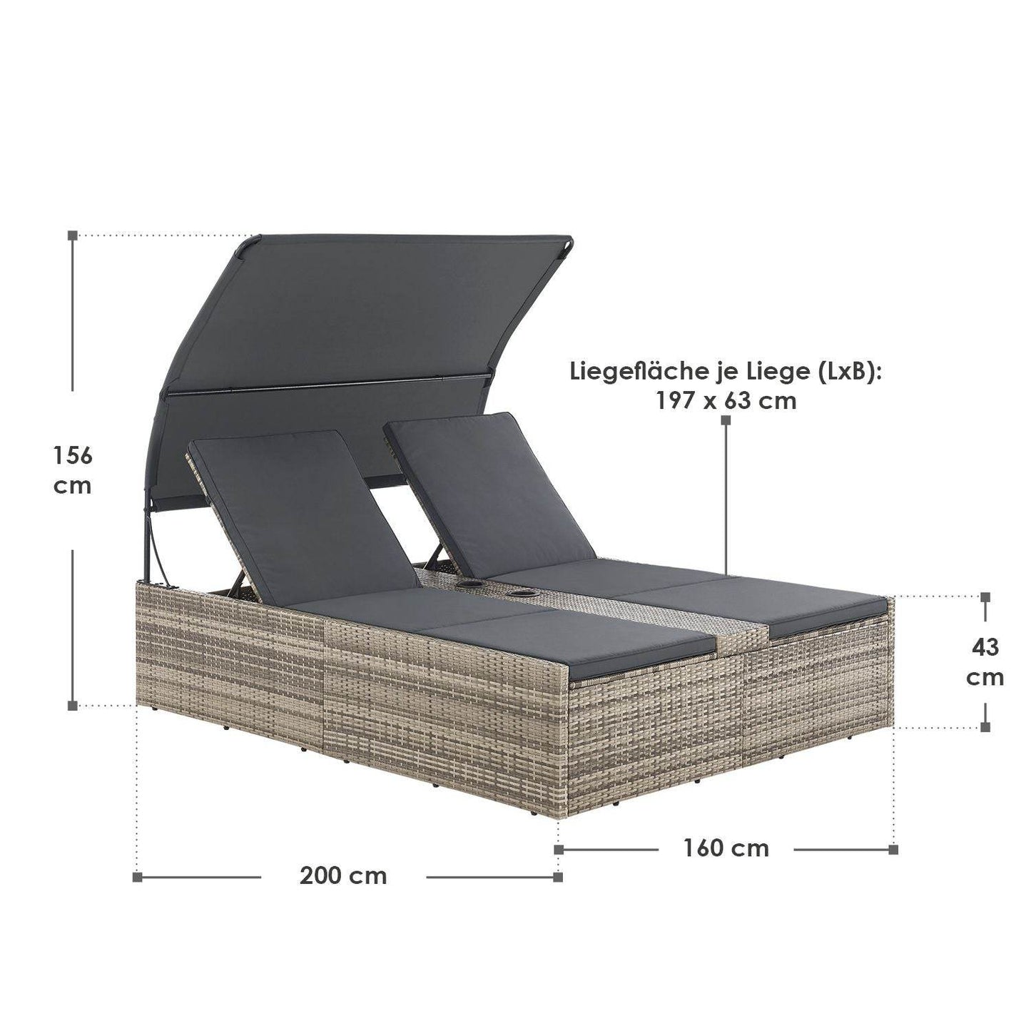 Polyrattan Doppelliege Syros mit Sonnendach & Auflagen - Grau-meliert - Palo24