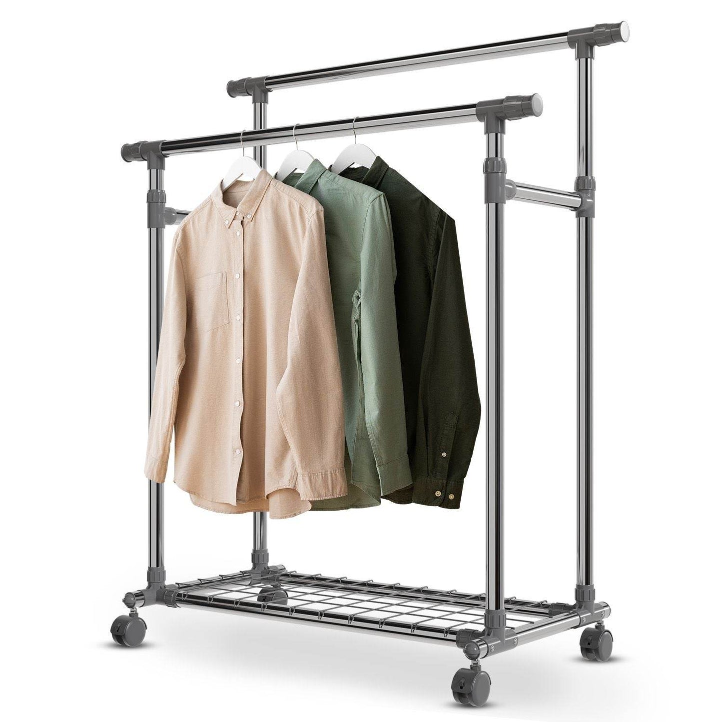 Metall Kleiderständer auf Rollen mit 2 Stangen - Silber - Palo24