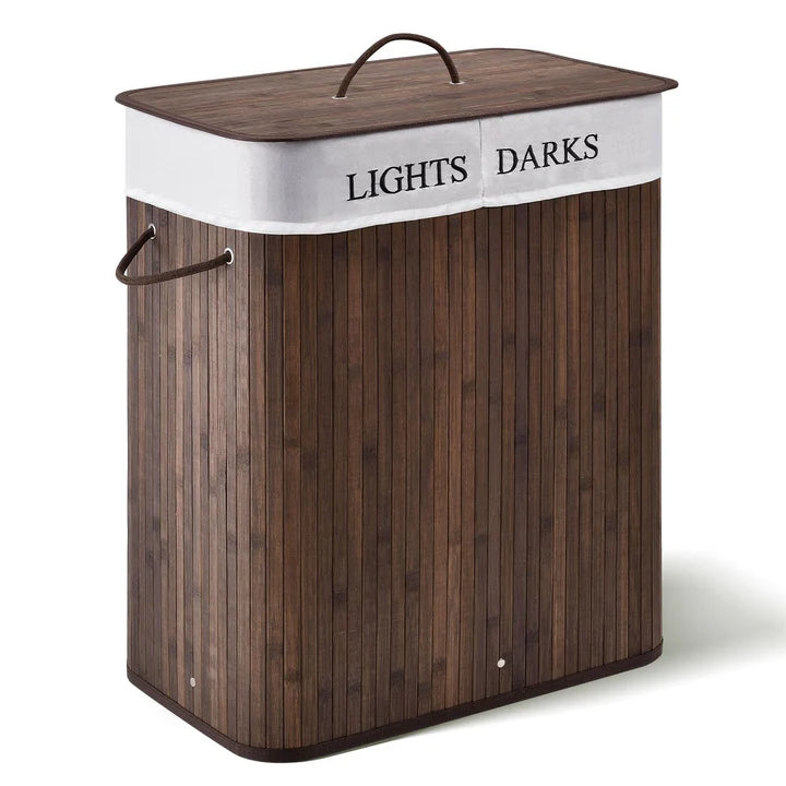 Panier à linge en bambou Curly 100 litres marron avec sac à linge et poignées de transport