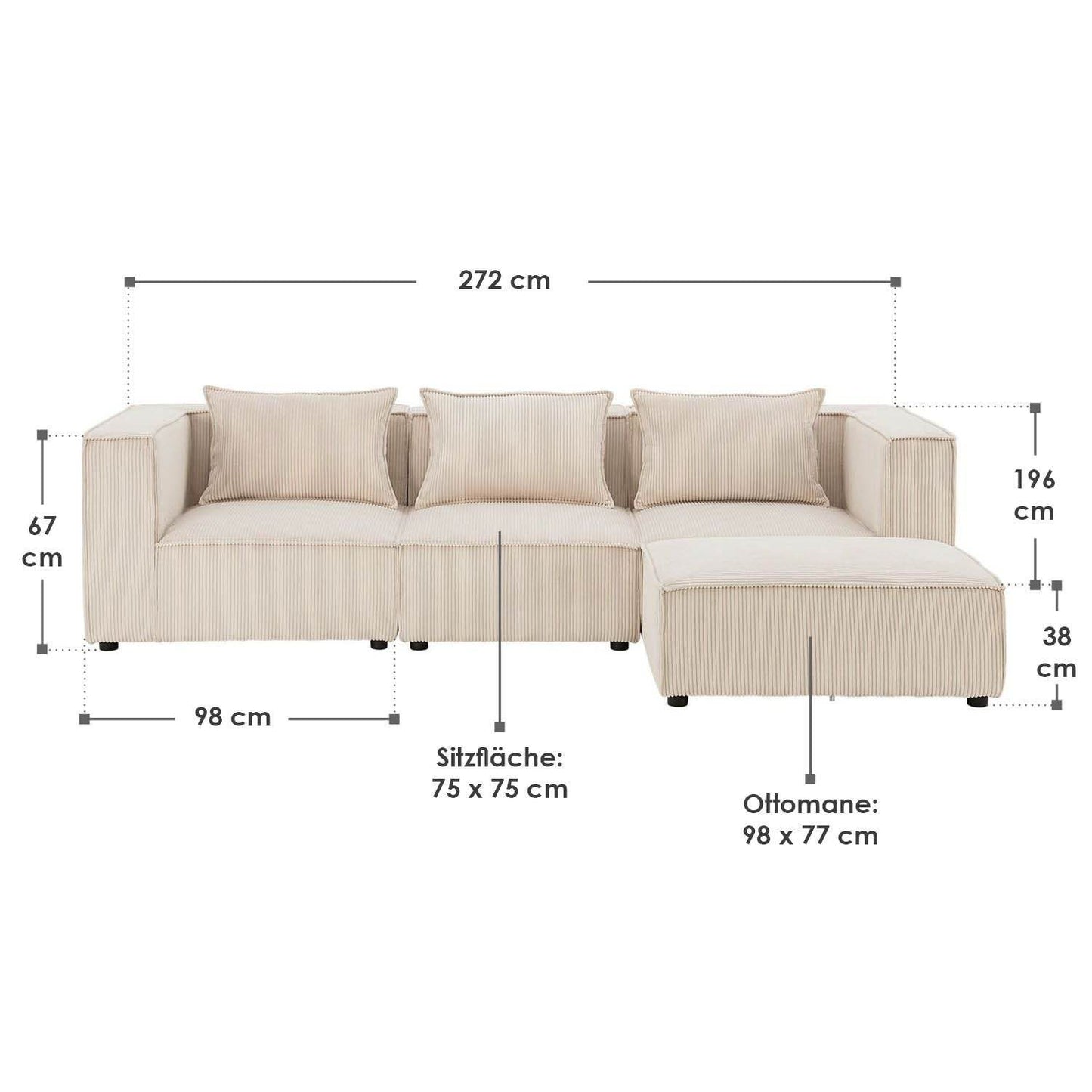Modulares Sofa Domas L - 3 Sitzer Cord Beige - Palo24