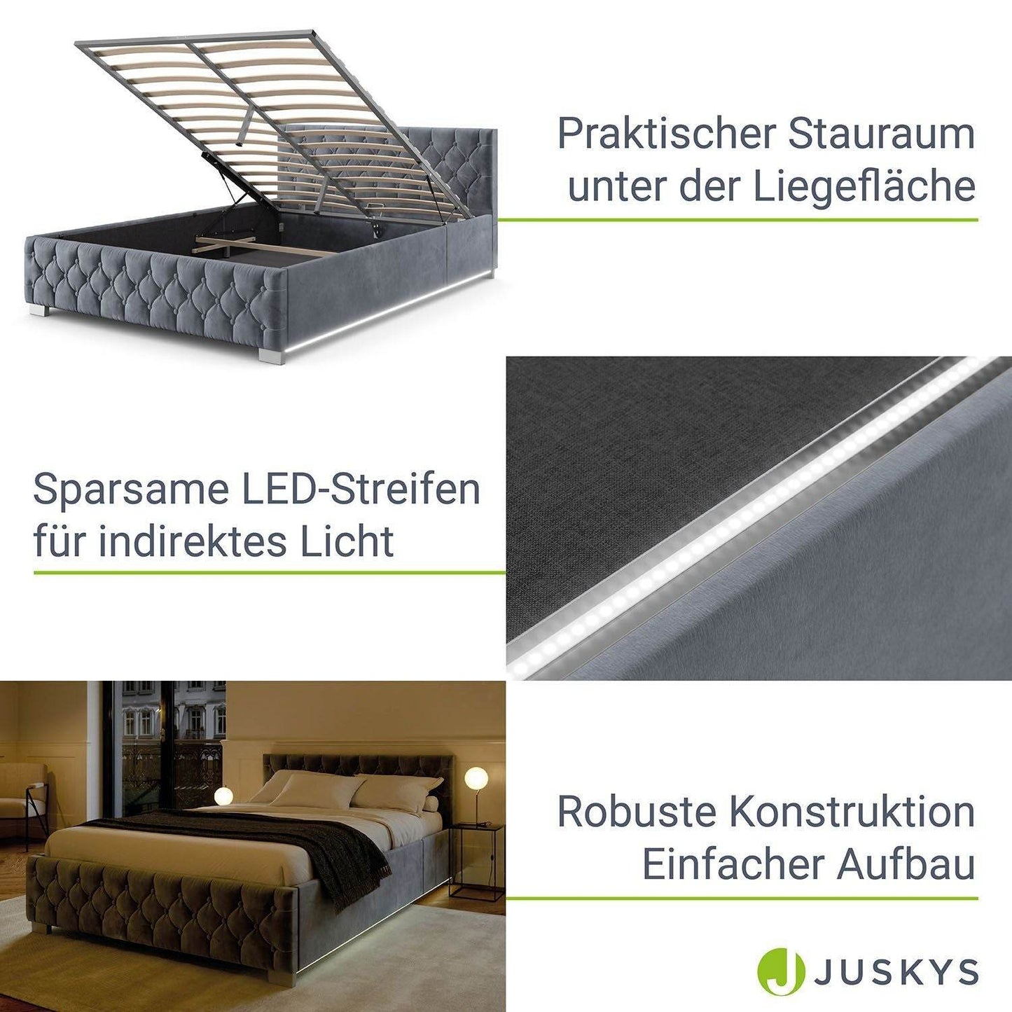 LED Polsterbett Nizza 140x200 cm Bettkasten Grau - Palo24