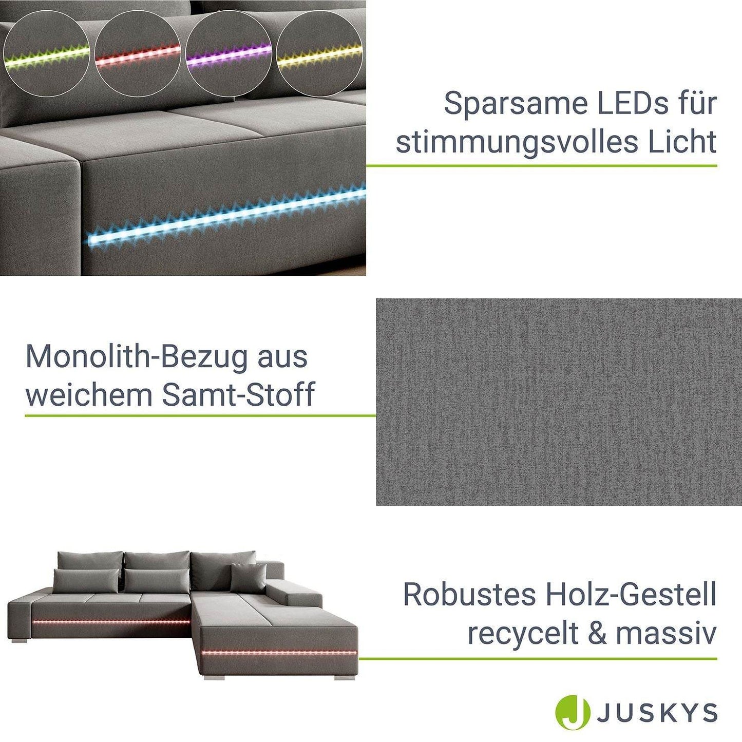 Sofa Davos mit LEDs & L-Form Schlaffunktion Hellgrau - Palo24