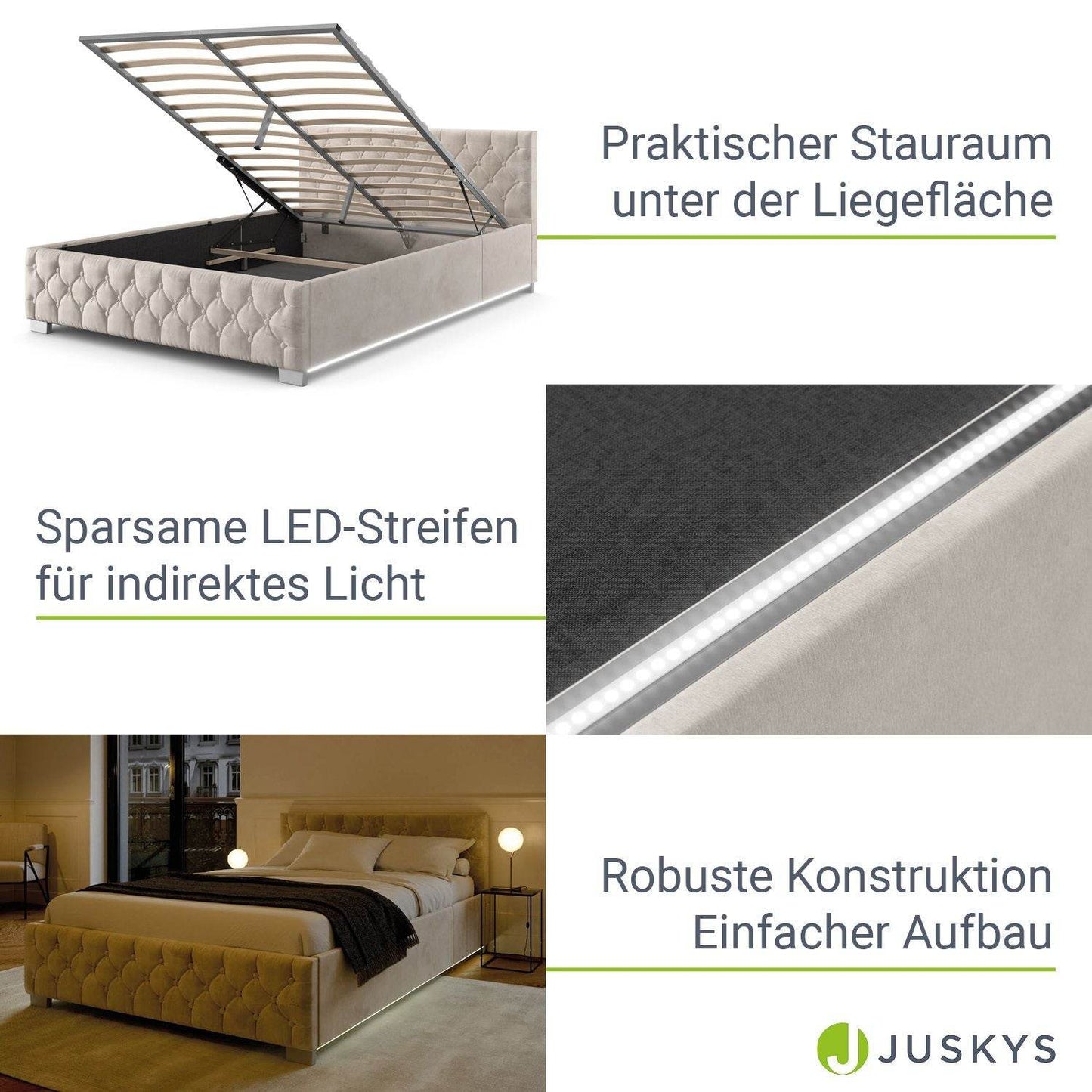 LED Polsterbett Nizza 120x200 cm Bettkasten Beige - Palo24