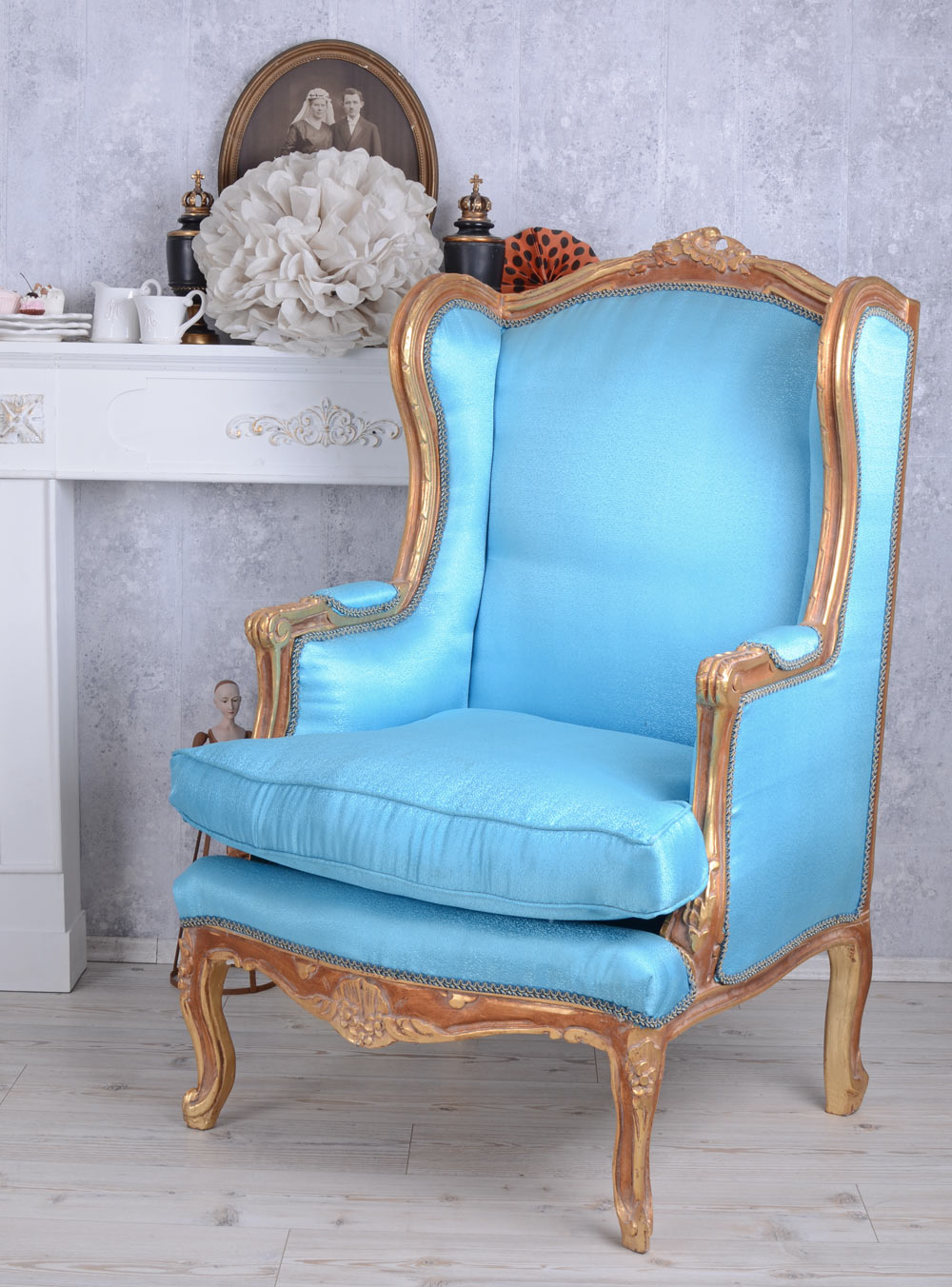 CHAISE BAROQUE WEAR FAUTEUIL TRÔNE ROYAL OR ANTIQUE BLEU CLAIR