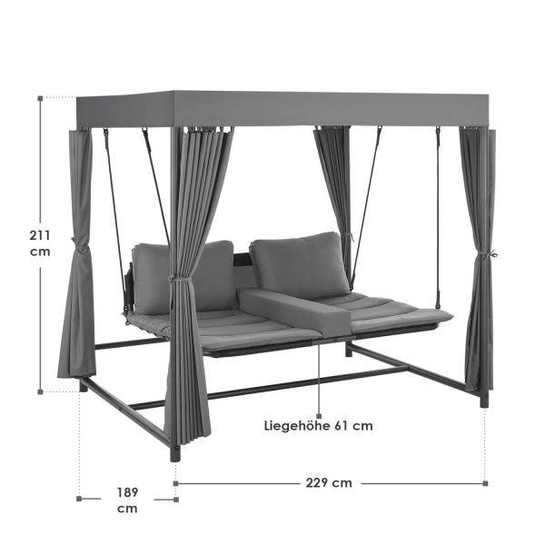 Hollywoodschaukel Schaukelliege Grau Dunkelgrau Sonnendach und Vorhängen - Palo24