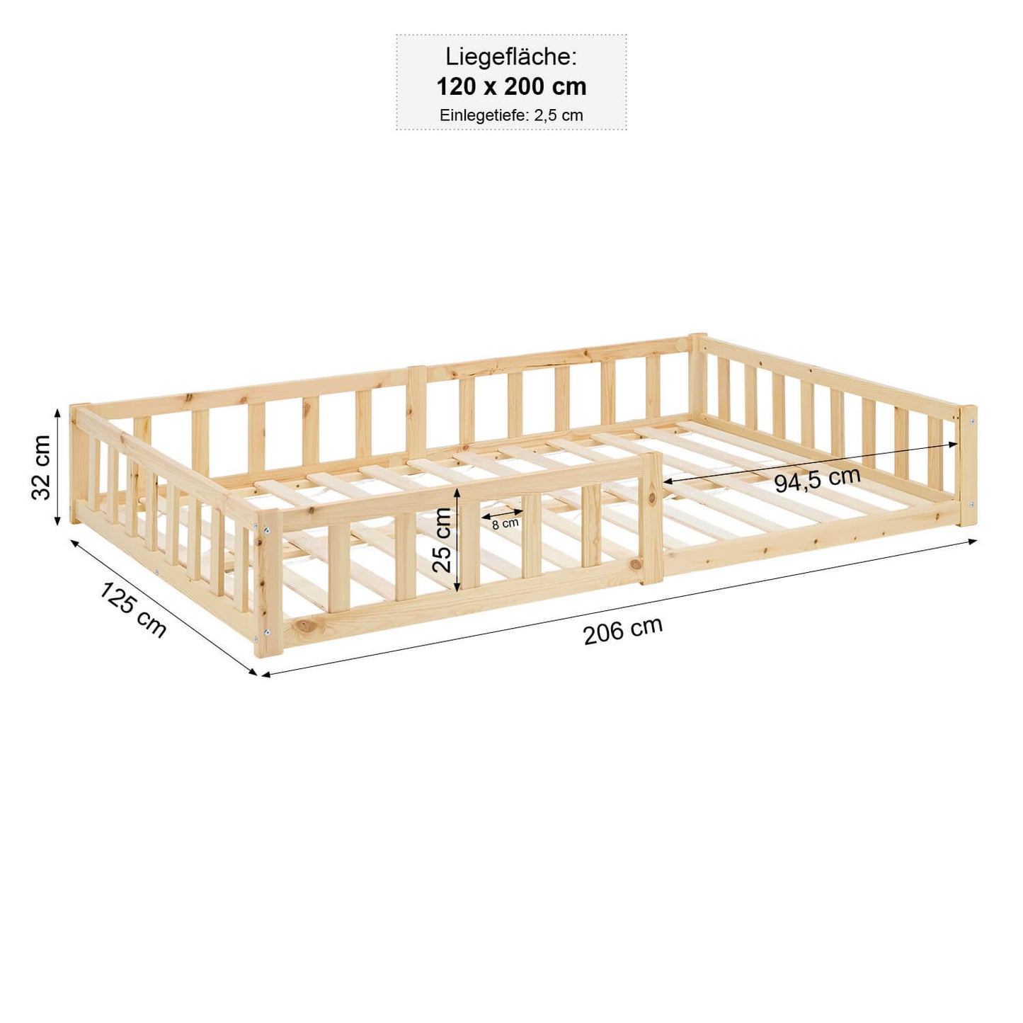 Kinderbett / Bodenbett aus massivem Kiefernholz 120x200 cm – natur, inkl. Matratze