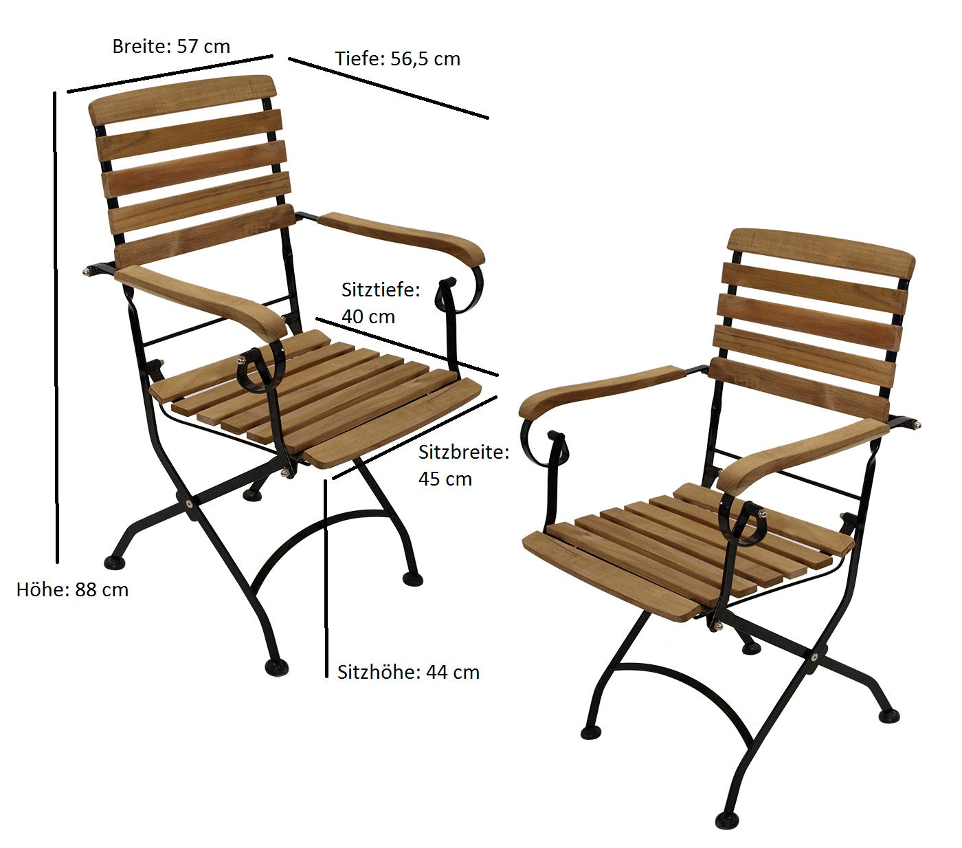 Chaise pliante JAKARTA, acier plat noir + teck, 2 pièces, certifiée FSC®