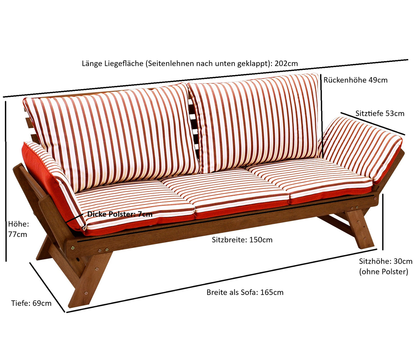 Liegesofa TIROL 202cm, Eukalyptus geölt, Wendeauflage Auflage rot beige