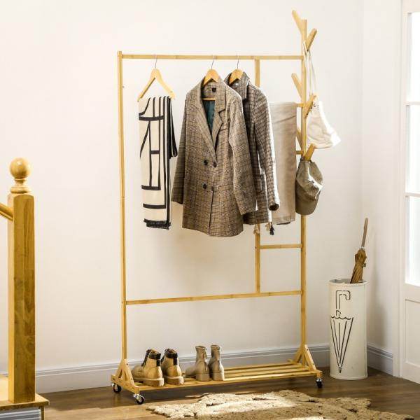 Garderobe aus Bambus, Kleiderhaken, Kleiderstange, Hosenständer, 1 Ablage, 4 Rollen, Natur - Palo24