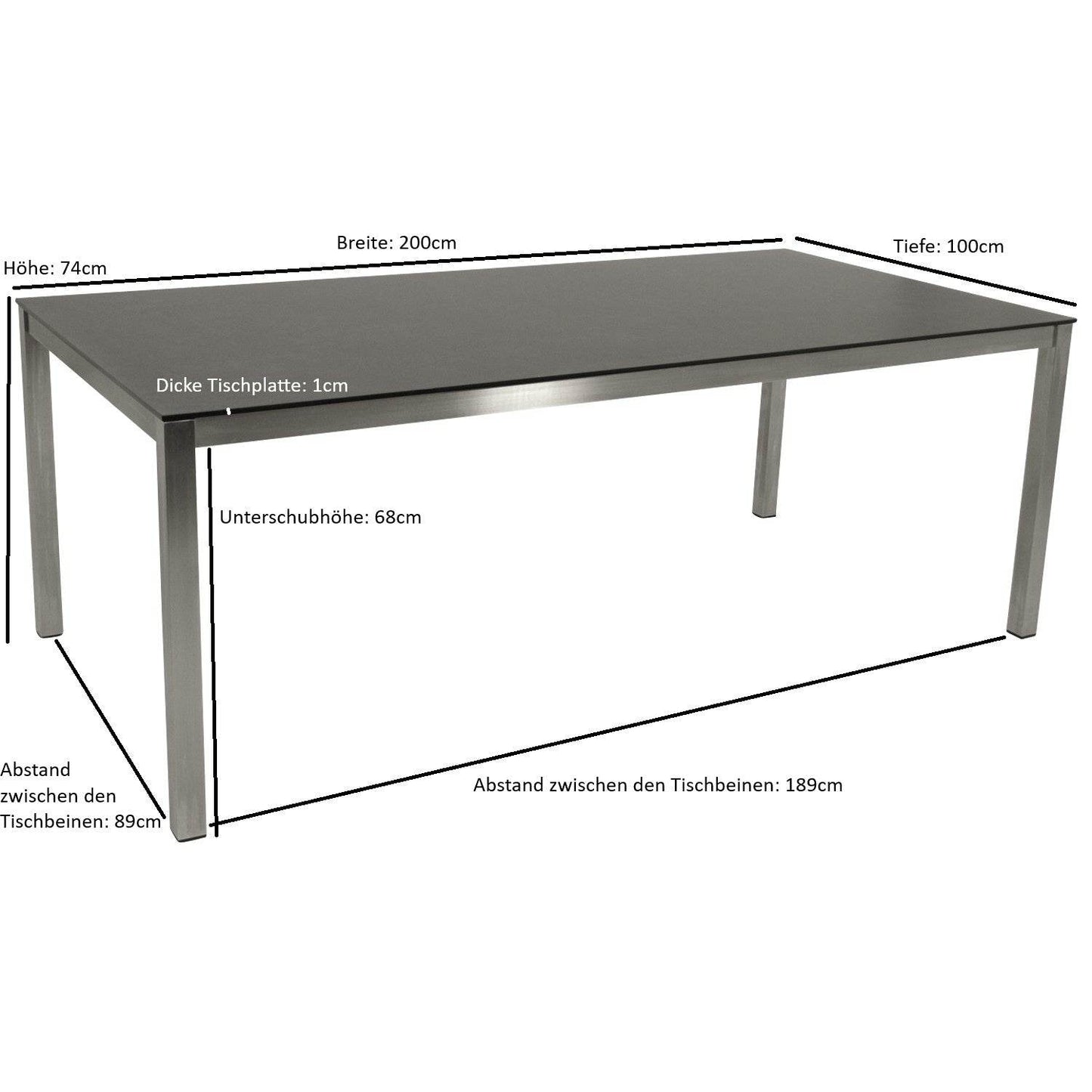 Tisch SYDNEY 200x100cm, Edelstahl gebürstet + Glas in 3D Keramik anthrazit - Palo24