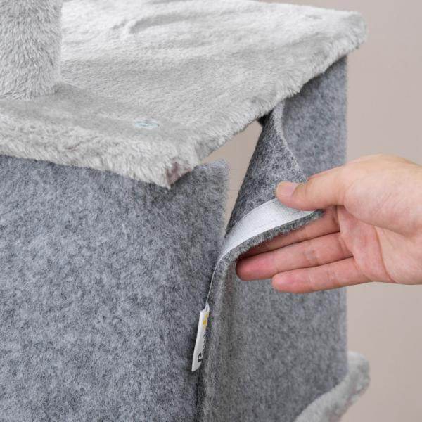 Kratzbaum, zwei Häuser, zwei Plattformen, Spielball, Liegekorb, Kippschutz, Sisal, grau - Palo24