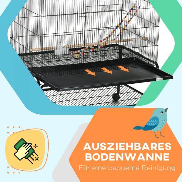 Vogelkäfig inklusive Sitzstangen, Vogelspielzeug, herausnehmbare Bodenwanne, Schwarz - Palo24