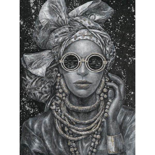 Wandbild Ölbild Lady mit Kopfbedeckung schwarz weiss 90x120cm - Palo24