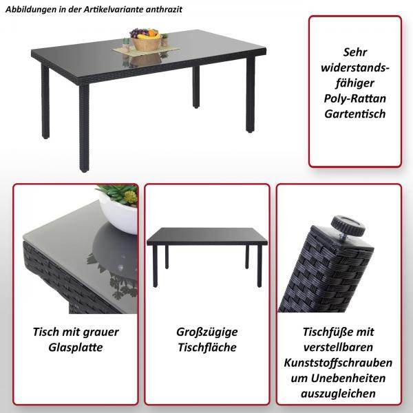 Poly-Rattan Gartentisch Cava, Esstisch Tisch mit Glasplatte, 160x90x74cm ~ anthrazit - Palo24
