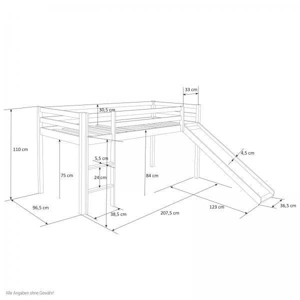 Kinderbett Hochbett Massiv Kiefer weiss pinker Vorhang, Rutsche, Spielbett 90 x 200 cm - Palo24