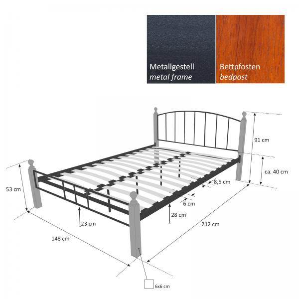 Metallbett 140x200cm Bettgestell Doppelbett inkl. Lattenrost - Palo24