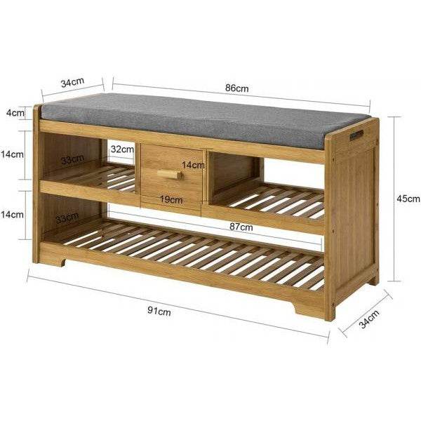 Sitzbank mit Sitzfläche | Schuhbank mit 2 Ablagen und Schublade | Bambus - Palo24