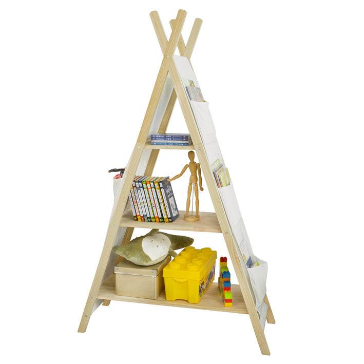Tipi Kinderregal mit 3 Aufbewahrungsfächer und 6 Tasche | Spielzeugregal | KMB30-WN - Palo24