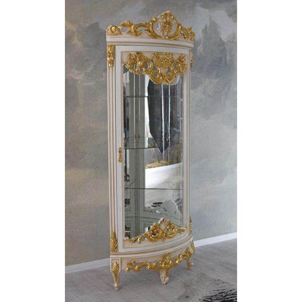 BAROCK VITRINE ANTIK ECKVITRINE WEISS GOLD ECKSCHRANK ECKREGAL ROKOKO VITRINENSCHRANK - Palo24