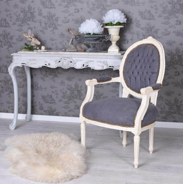 ROMANTISCHER BAROCK SESSEL IM SHABBY CHIC VINTAGE STIL CREME WEISS GRAU - Palo24