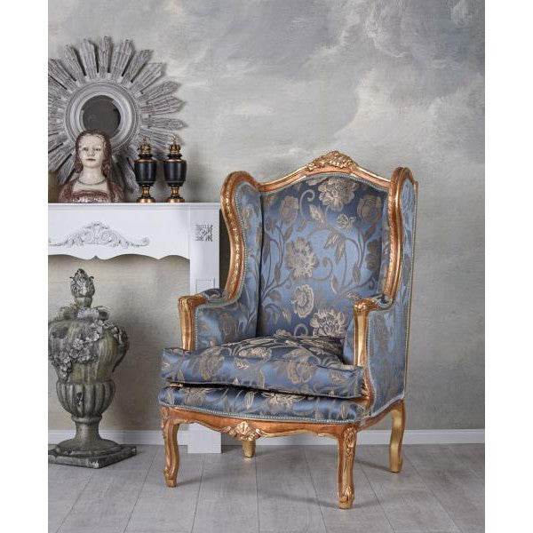 BAROCK OHRENSESSEL KÖNIGLICHER THRON ARMLEHNSESSEL ANTIK GOLD SILBER-BLAU - Palo24