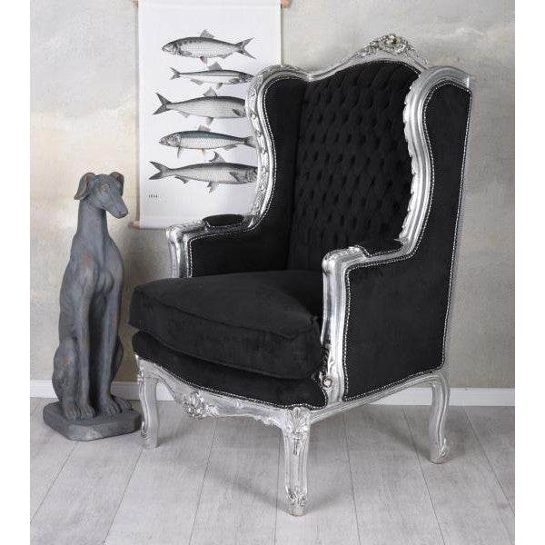 Ohrensessel Barock Silber Schwarz Rokoko Armlehnsessel Antik - Palo24