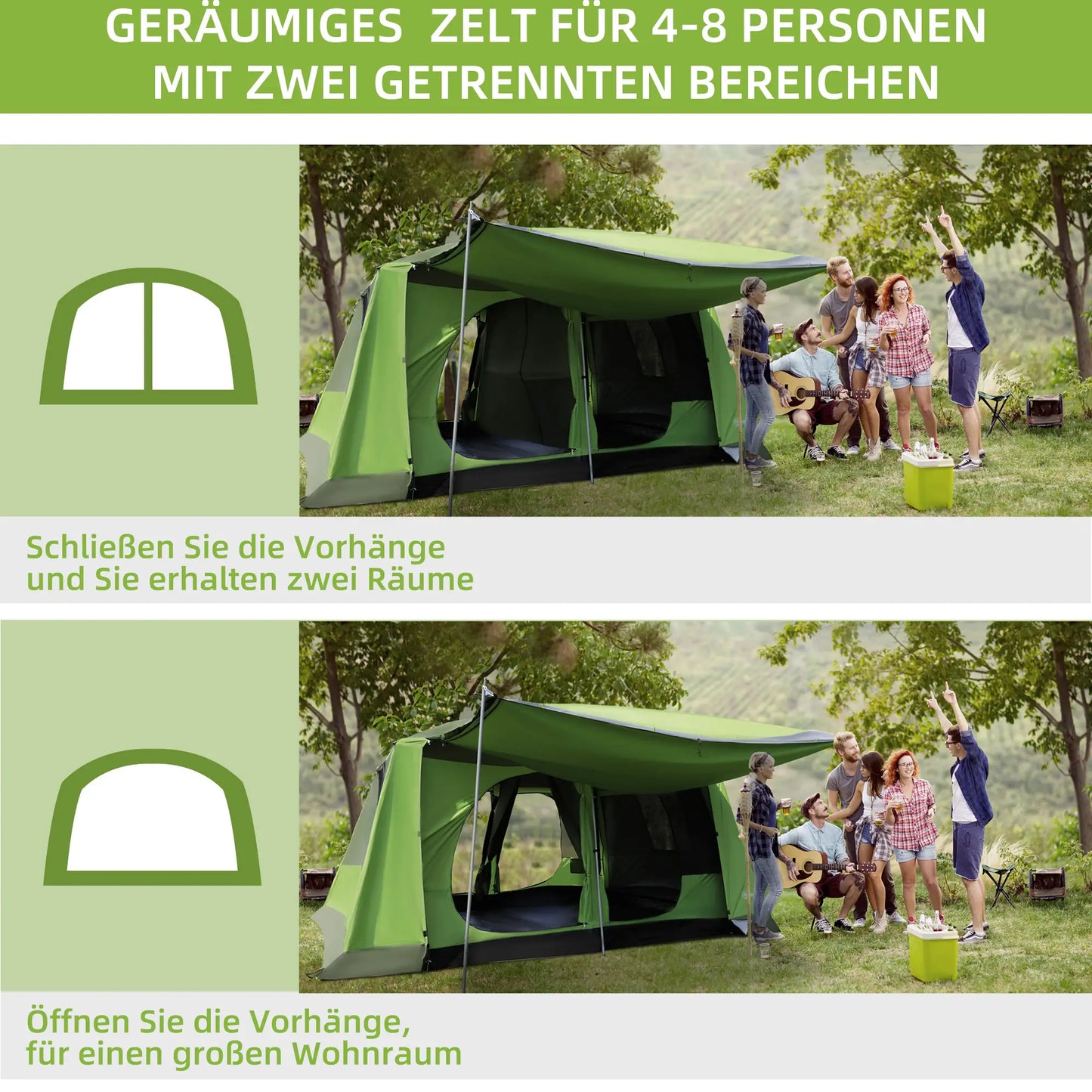 Campingzelt 2 Schlafkabinen Kuppelzelt Familienzelt 4-8 Personen