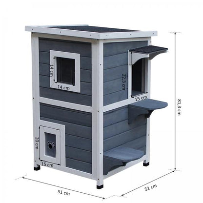 Katzenhaus 2 Etagen mit Treppen Asphaltdach Tannenholz Grau - Palo24
