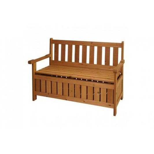 Gartenbank HWC-L68 mit Stauraum, Truhenbank Sitzbank Staufach Aufbewahrung, Outdoor Tanne Holz MVG 114cm, braun - Palo24