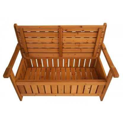 Gartenbank HWC-L68 mit Stauraum, Truhenbank Sitzbank Staufach Aufbewahrung, Outdoor Tanne Holz MVG 114cm, braun - Palo24