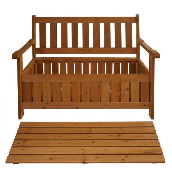Gartenbank HWC-L68 mit Stauraum, Truhenbank Sitzbank Staufach Aufbewahrung, Outdoor Tanne Holz MVG 114cm, braun - Palo24