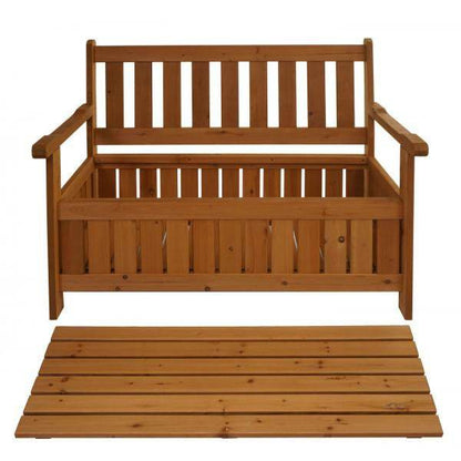 Gartenbank HWC-L68 mit Stauraum, Truhenbank Sitzbank Staufach Aufbewahrung, Outdoor Tanne Holz MVG 114cm, braun - Palo24