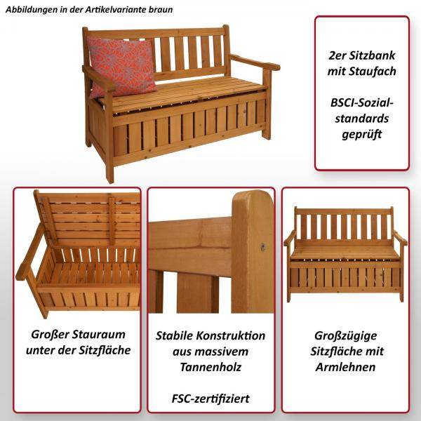 Gartenbank HWC-L68 mit Stauraum, Truhenbank Sitzbank Staufach Aufbewahrung, Outdoor Tanne Holz MVG 114cm, braun - Palo24