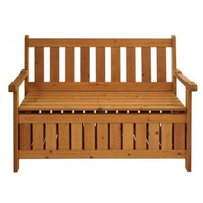 Gartenbank HWC-L68 mit Stauraum, Truhenbank Sitzbank Staufach Aufbewahrung, Outdoor Tanne Holz MVG 114cm, braun - Palo24